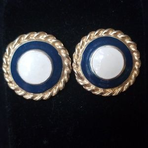 Vintage enamel navy, cream & gold earrings